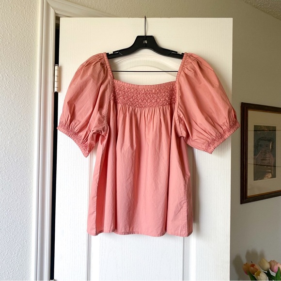 Doen Gail Top Smocked Cotton Poplin Blouse Petal Pink Puff Sleeve Medium EUC - Picture 7 of 8
